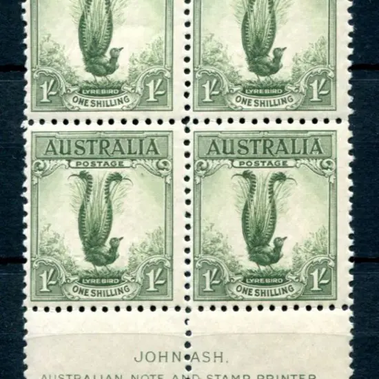 1932 1/- green Lyrebird in John Ash imprint block ...