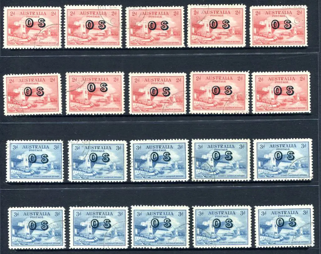 1932 2d & 3d Sydney Harbour Bridge ovptd "OS" x 10 ... Image 1++