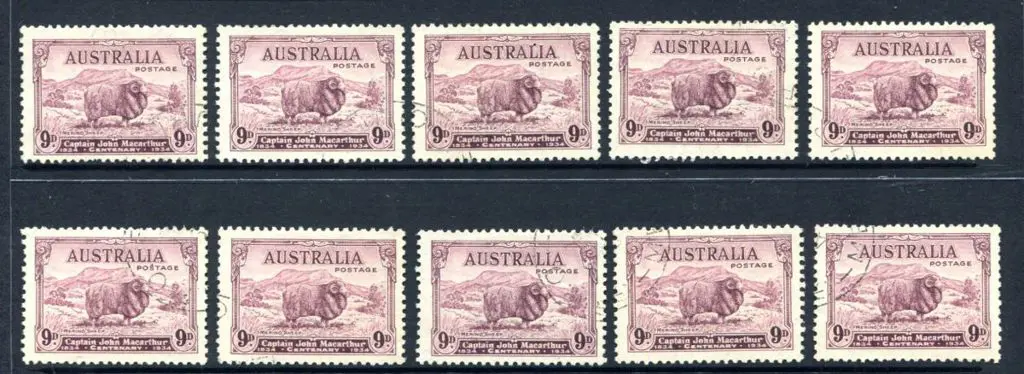 1934 9d Macarthur x 10 fine used examples. SG 152, ... Image 1++