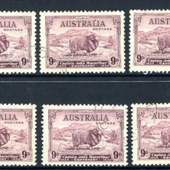 1934 9d Macarthur x 10 fine used examples. SG 152, ...