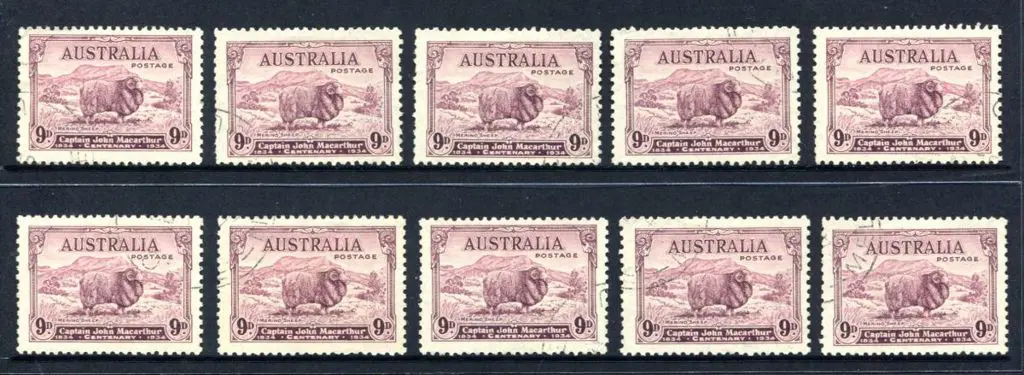 1934 9d Macarthur x 10. All fine used, 2 with ... Image 1++