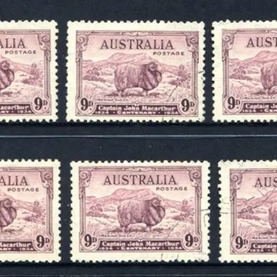 1934 9d Macarthur x 10. All fine used, 2 with ...