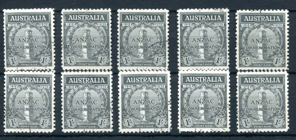 1935 1/- Anzac x 10 fine used examples with good ... Image 1++