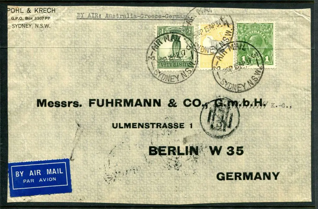 1937 (15th Apr) 5/- kangaroo, 1/- lyrebird & 1d ... Image 1++
