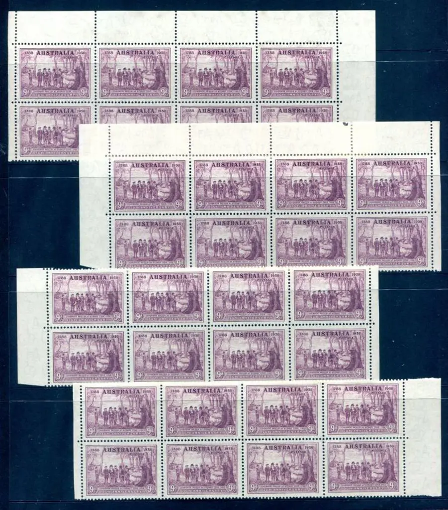 1937 9d NSW Sesqui in 4 marginal blocks of 8. All ... Image 1++