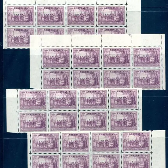 1937 9d NSW Sesqui in 4 marginal blocks of 8. All ...