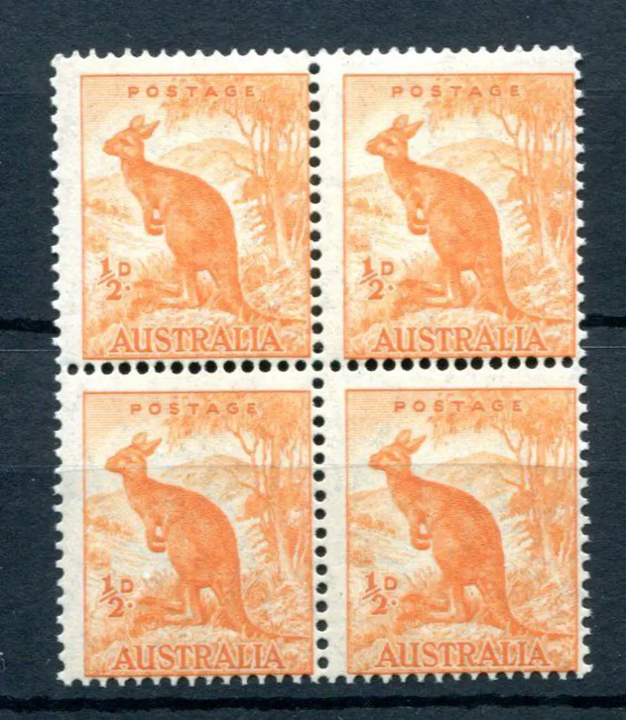 1938 ½d kangaroo coil perf block of 4. MUH, ... Image 1++