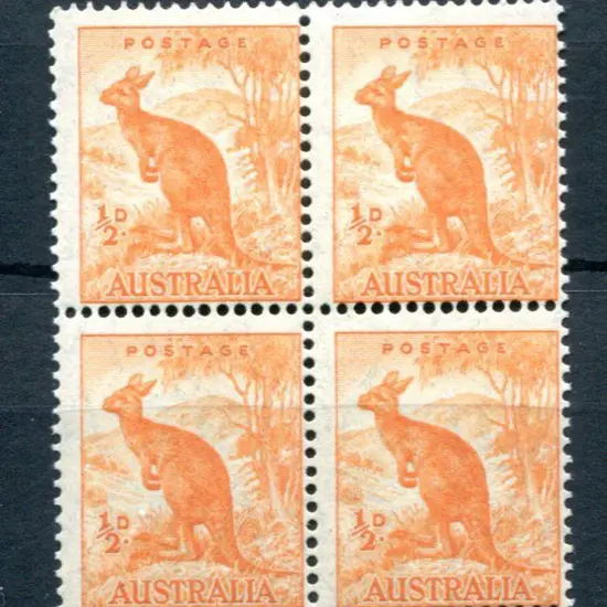 1938 ½d kangaroo coil perf block of 4. MUH, ...