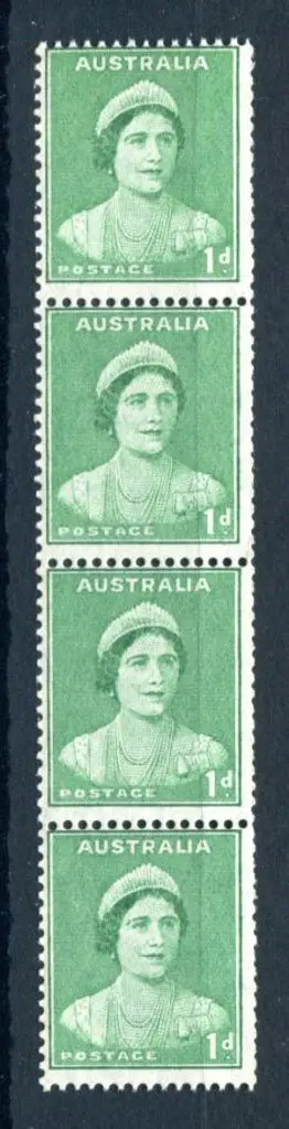 1938 1d green QM coil strip of 4. MUH with blunt ... Image 1++