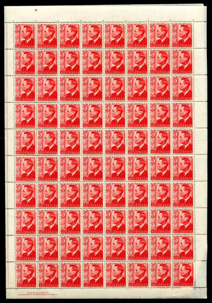 1951 3d scarlet KGVI complete sheet of 80 with 2 ... Image 1++