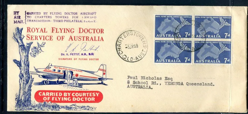 1959 (3rd July) 7d Flying Doctor block of 4 pmkd ... Image 1++