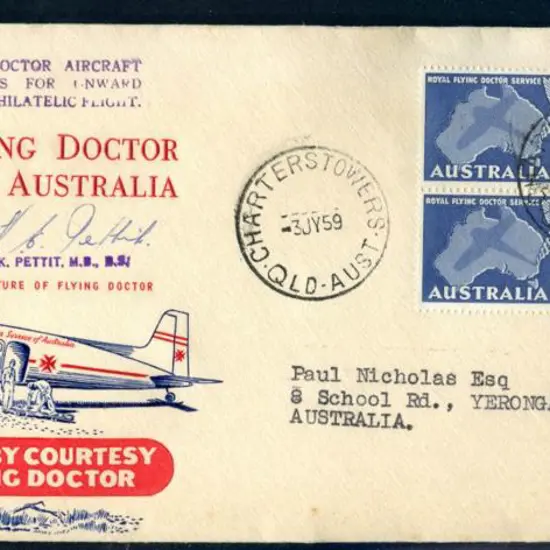 1959 (3rd July) 7d Flying Doctor block of 4 pmkd ...