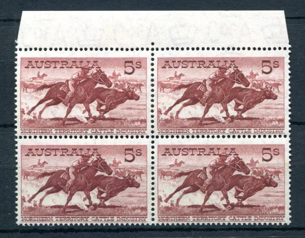 1959 5/- Cattle in MUH top margin block of 4 on ... Image 1++