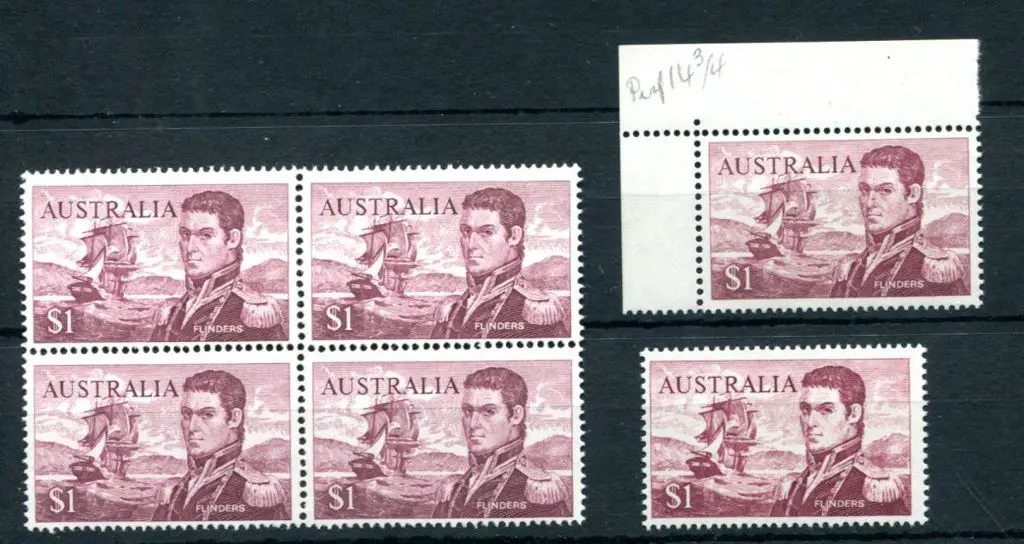 1966 $1 Flinders perf. 14 MUH block of 4 plus ... Image 1++