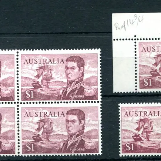 1966 $1 Flinders perf. 14 MUH block of 4 plus ...