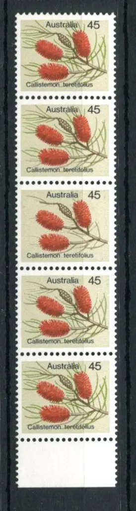 1975 45¢ Wildflower vertical strip of 5 with outer ... Image 1++