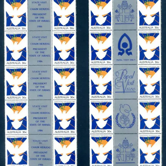 1986 Year of Peace gutter strip with "State Visit ...