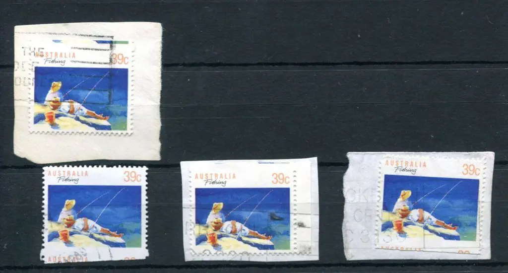 1989 39c Fishing x 4 used with 3 on piece from the ... Image 1++