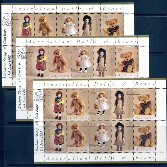 1997 Dolls & Bears sheetlets of 10 ovptd in ...