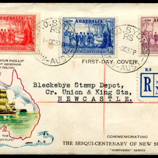1937 (1st Oct) NSW Sesqui set of 3 tied to Sydney ...