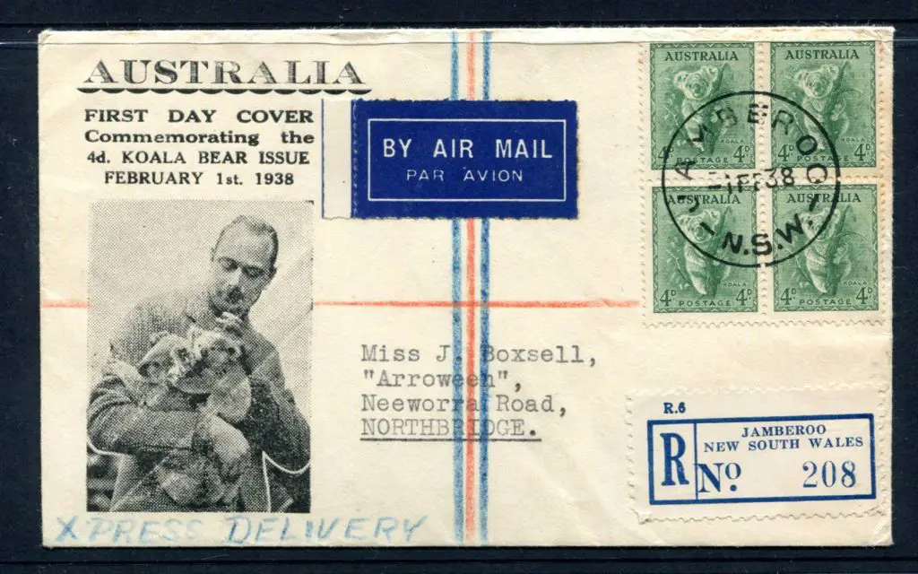 1938 (1st Feb) 4d koala block of 4 tied by ... Image 1++