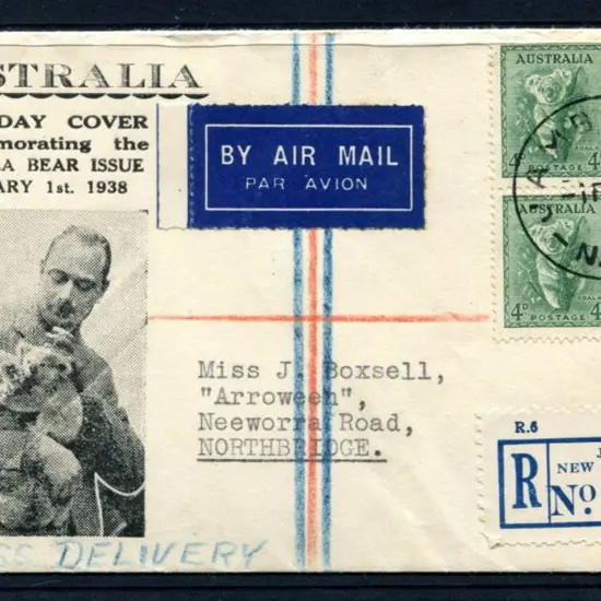 1938 (1st Feb) 4d koala block of 4 tied by ...