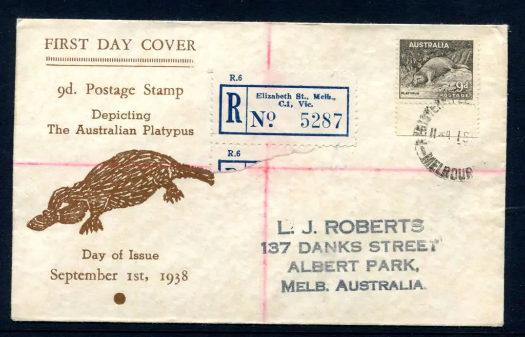 1938 (1st Sept) 9d platypus with bottom selvedge ... Image 1++