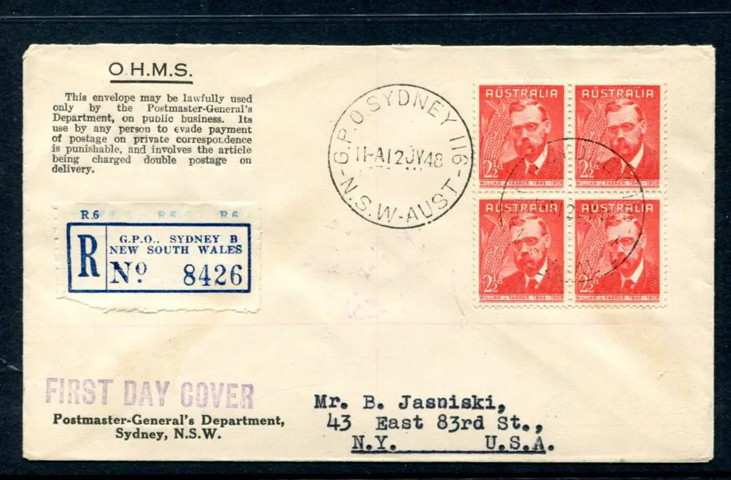 1948 (12th Jul) 2½d Farrer block of 4 on ... Image 1++