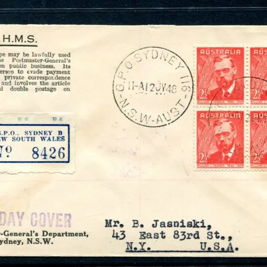 1948 (12th Jul) 2½d Farrer block of 4 on ...