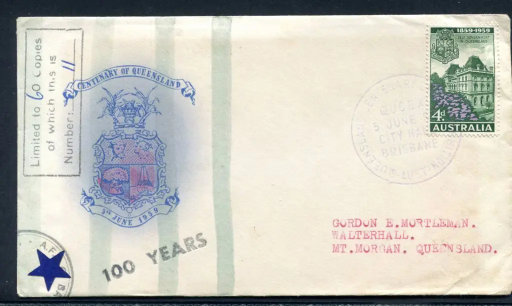 1959 (5th June) 4d Qld Centenary on AFDC Baulkham ... Image 1++