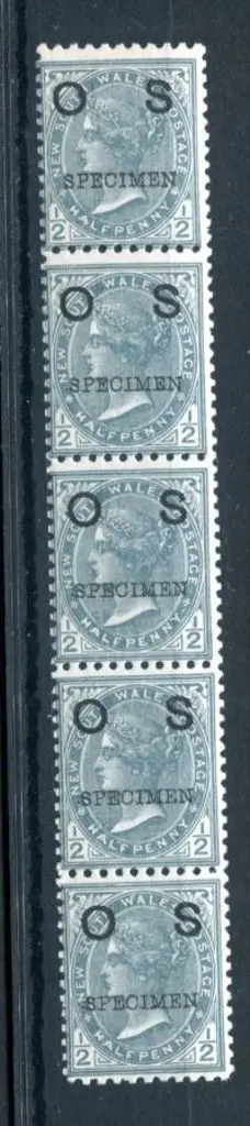 1892 ½d grey ovptd "OS" & "SPECIMEN" in MUH strip ... Image 1++