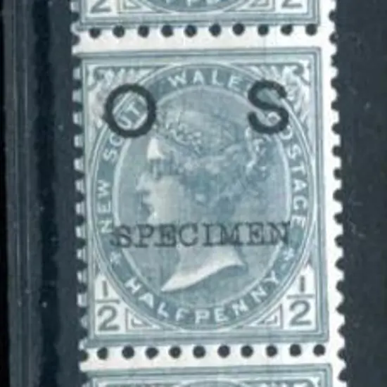 1892 ½d grey ovptd "OS" & "SPECIMEN" in MUH strip ...