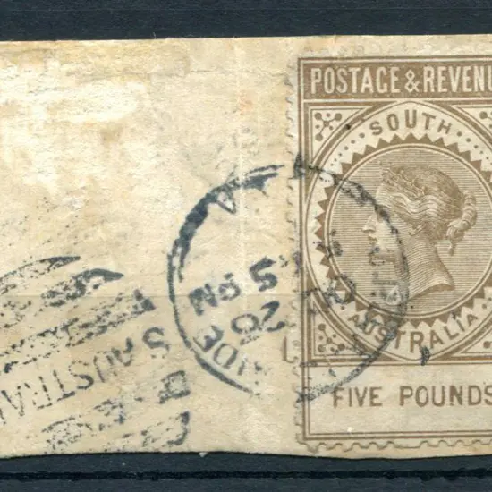 1886/96 £5 brown postally used on piece. Minor ...