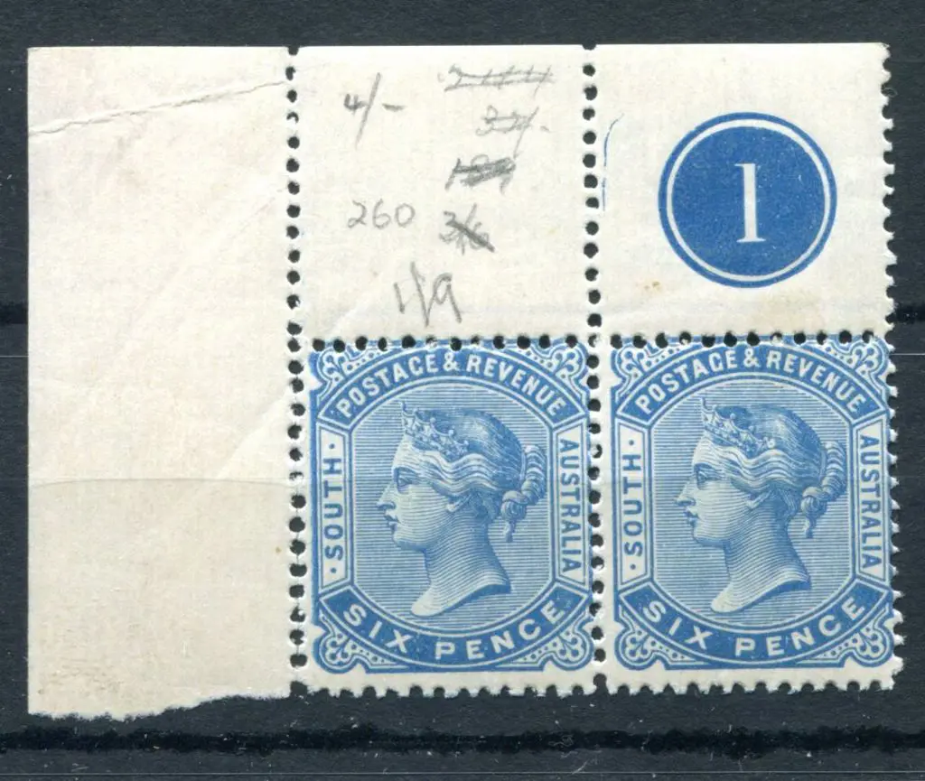 1894 6d blue, perf 13 in top left selvedge Plate 1 ... Image 1++