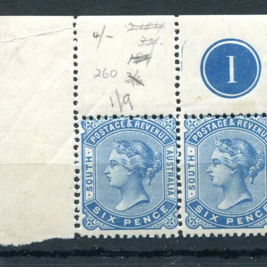 1894 6d blue, perf 13 in top left selvedge Plate 1 ...