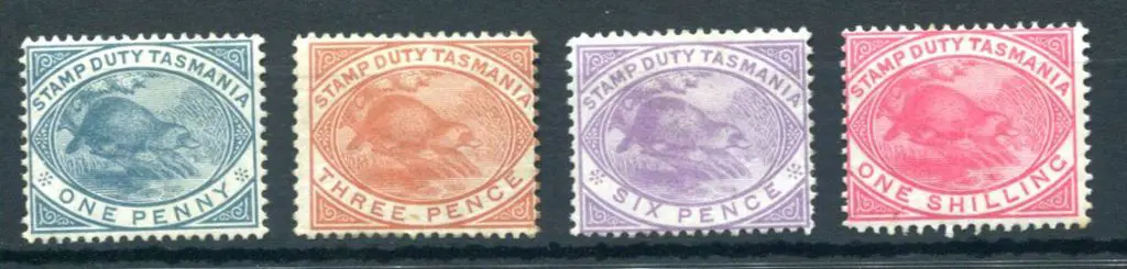 1880 1d to 1/- Stamp Duty Platypus set of 4. ... Image 1++