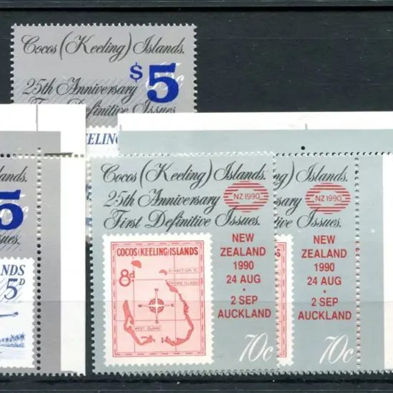 1990 $5 on 65c ovptd Constellation x 2 (one corner ...