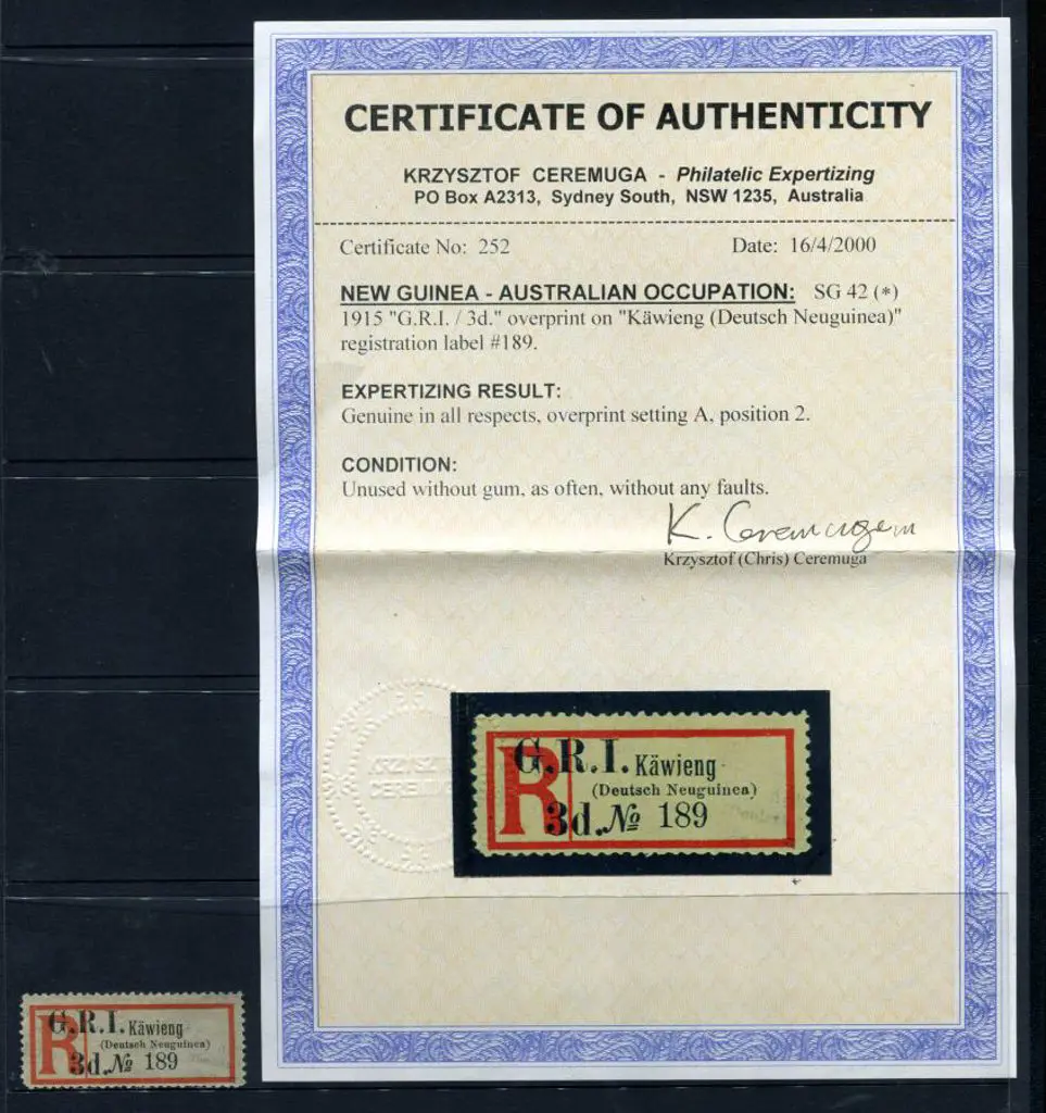1915 "Kawieng" black & red registration label in ... Image 1++