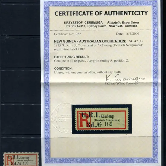 1915 "Kawieng" black & red registration label in ...