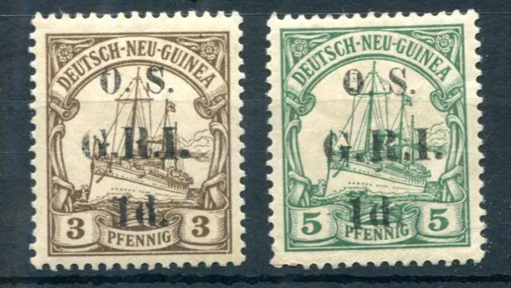 1915 "OS" ovpts on German New Guinea 3pf & 5pf ... Image 1++