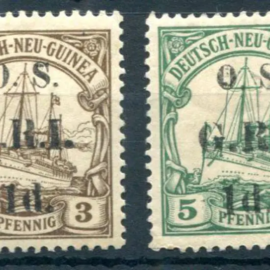 1915 "OS" ovpts on German New Guinea 3pf & 5pf ...