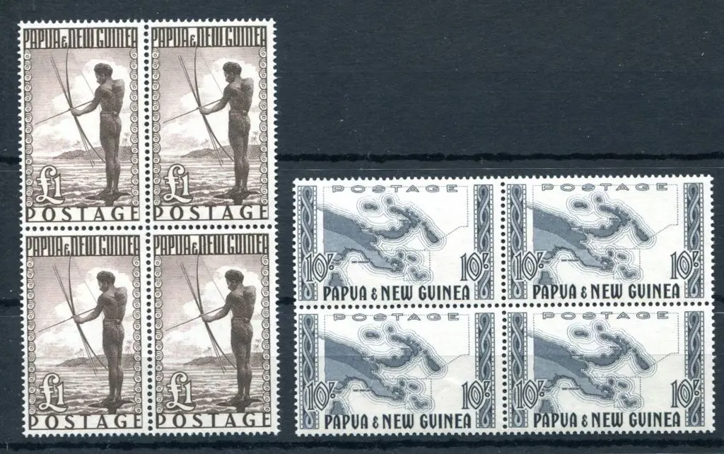 1952 10/- Map & £1 Fisherman in MUH blocks of 4. ... Image 1++