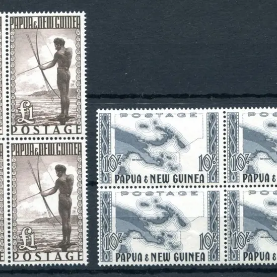 1952 10/- Map & £1 Fisherman in MUH blocks of 4. ...