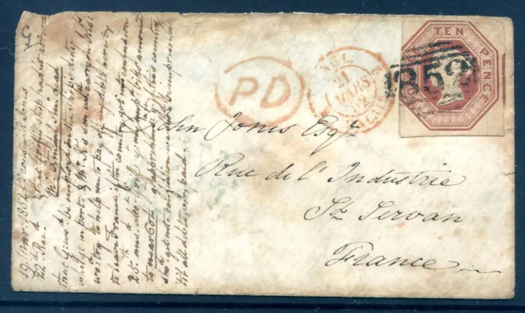 1852 (March) 10d brown embossed cut square on ... Image 1++
