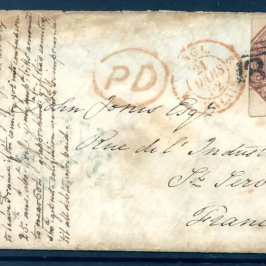 1852 (March) 10d brown embossed cut square on ...
