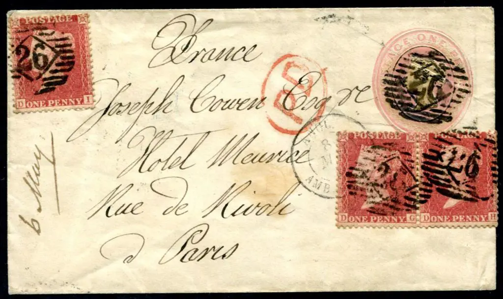1858 (8th May) QV 1d PSE used from London to Paris ... Image 1++