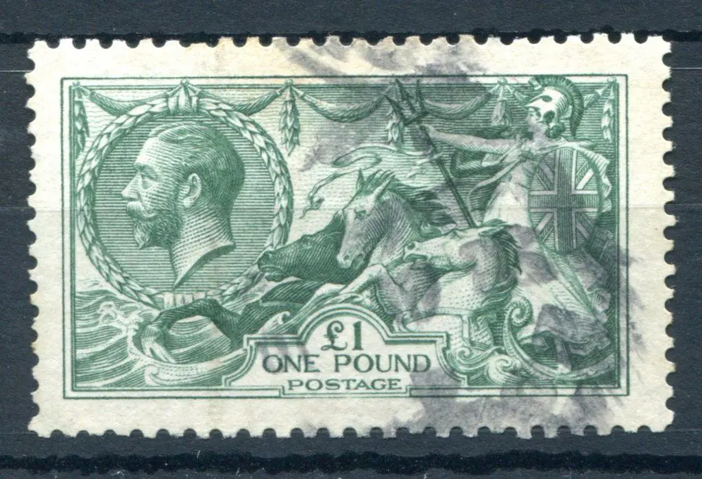 1913 £1 green Seahorse. Light indistinct parcel ... Image 1++