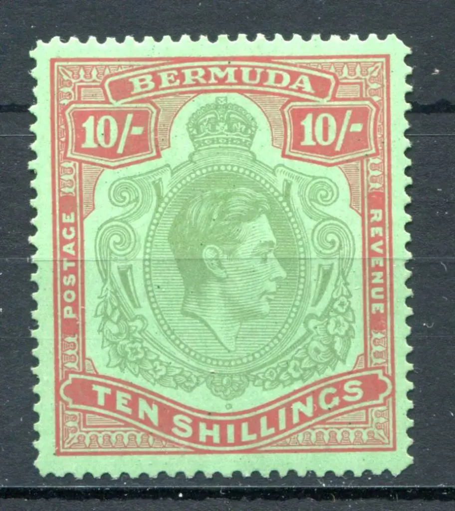 Bermuda 1938/53 KGVI 10/- yellow green & carmine ... Image 1++