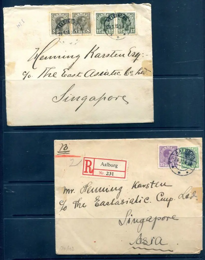Denmark 1920 (Apr & Nov) 2 covers to Singapore, ... Image 1++