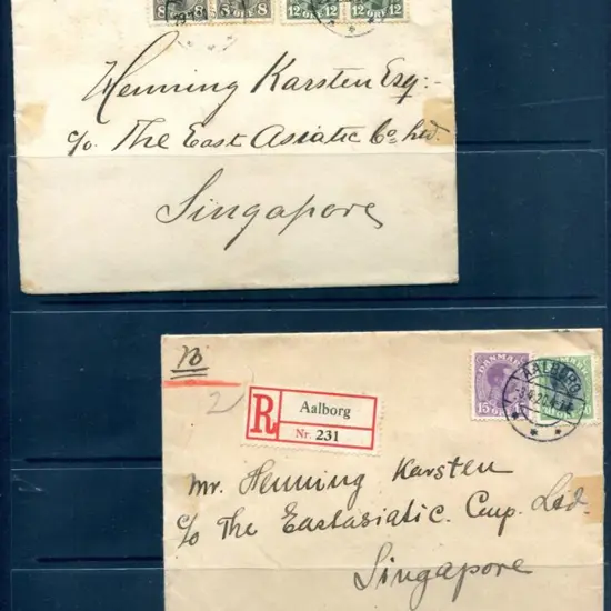 Denmark 1920 (Apr & Nov) 2 covers to Singapore, ...